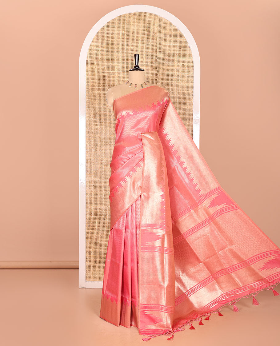 Onion Pink Elite Soft Silk Saree Gleamed Up with Vaira Oosi Stripes, Featuring a Temple Zari Border, Zari Elevated Pallu, and a Matching Zari Design Blouse