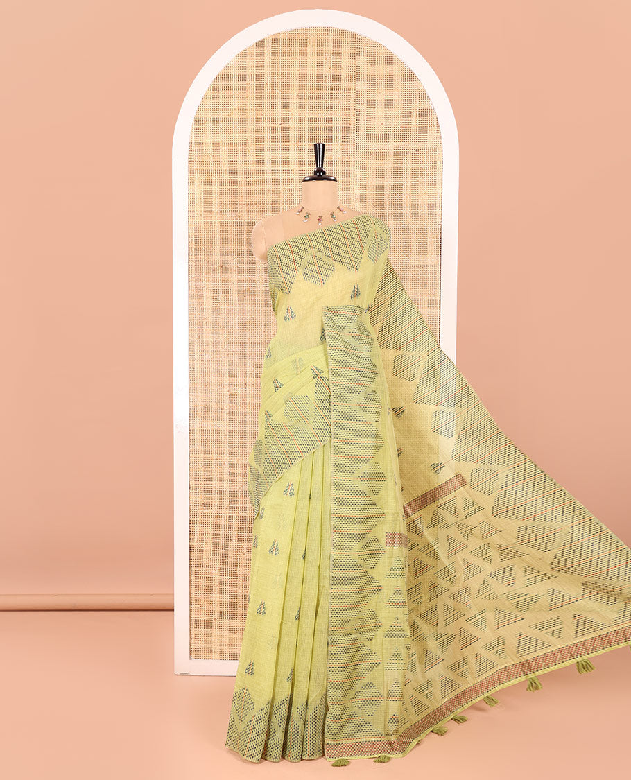 Green Munga Cotton Subtly Sparkled with Geometric Patterns in Thread Kantha Embroidery, Complemented with a Diamond-Patterned Kantha Embroidery Border, and Paired with a Matching Blouse