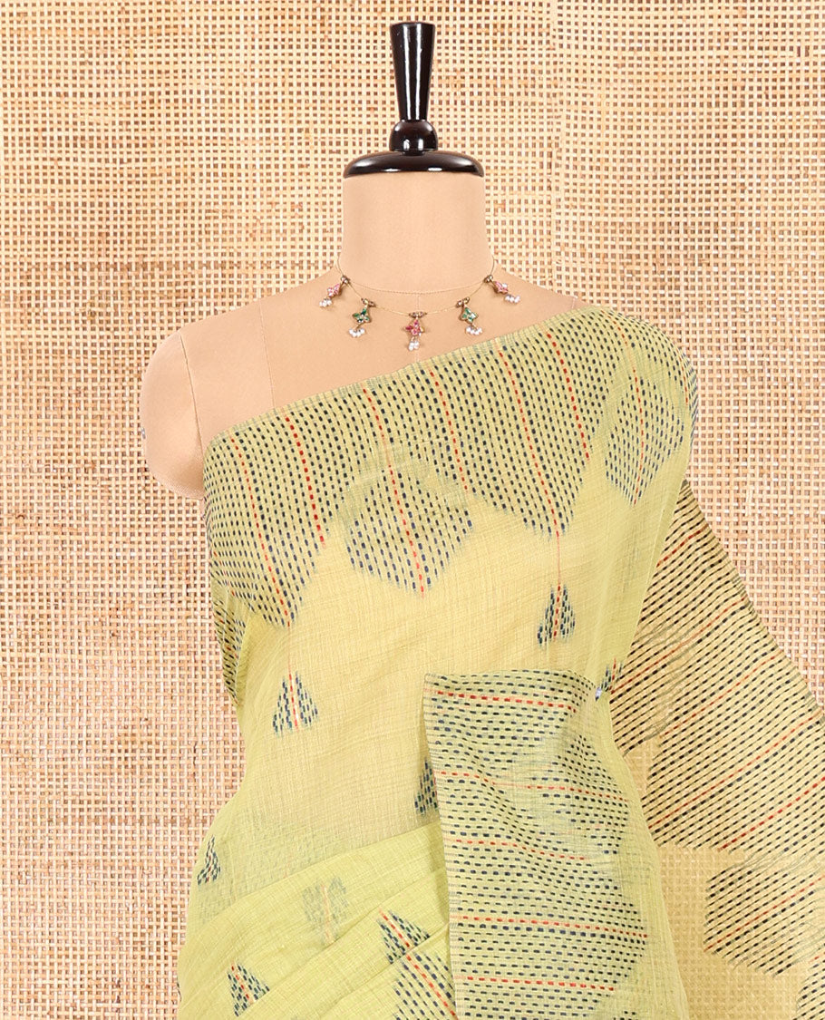 Green Munga Cotton Subtly Sparkled with Geometric Patterns in Thread Kantha Embroidery, Complemented with a Diamond-Patterned Kantha Embroidery Border, and Paired with a Matching Blouse