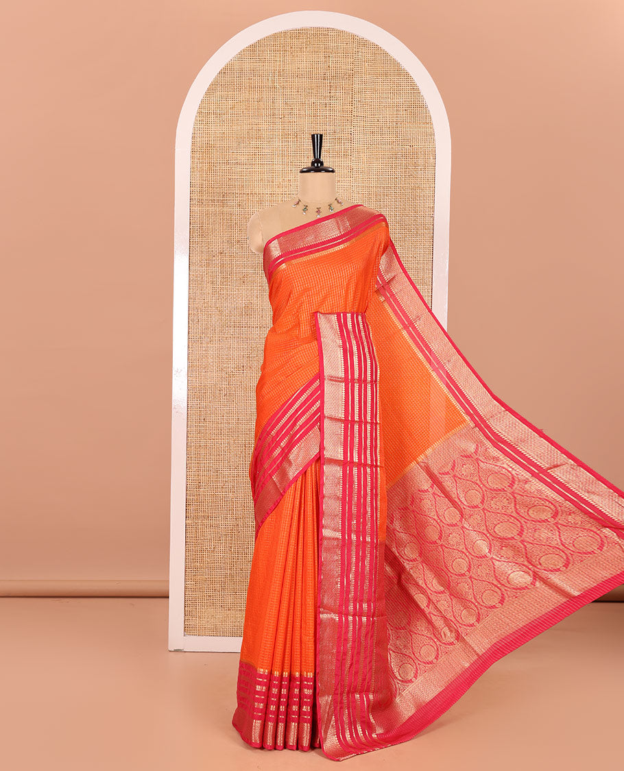 Orange Semi-Mysore Crepe Saree Elegantly Framed with Micro-Checks, Complemented by Contrast Traditional Zari Design Border, Majestically Detailed Pallu of Thilakam Designs, and Paired with a Contrast Blouse