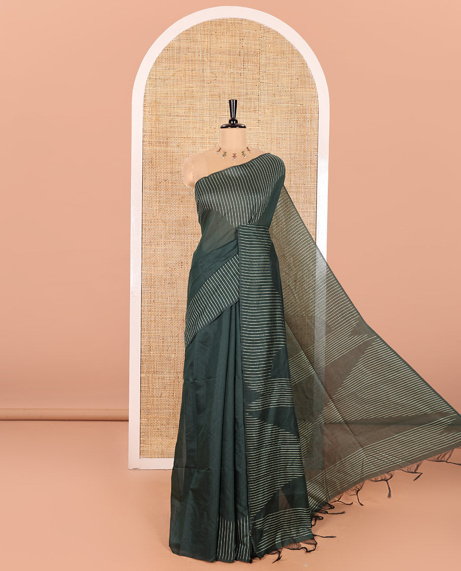 Borderless Dark Green Chanderi Cotton Saree Prettified with with Sequins and Thread Stripes, Self-Pallu Featuring Sequins and Thread Stripes, and comes with a Matching Blouse