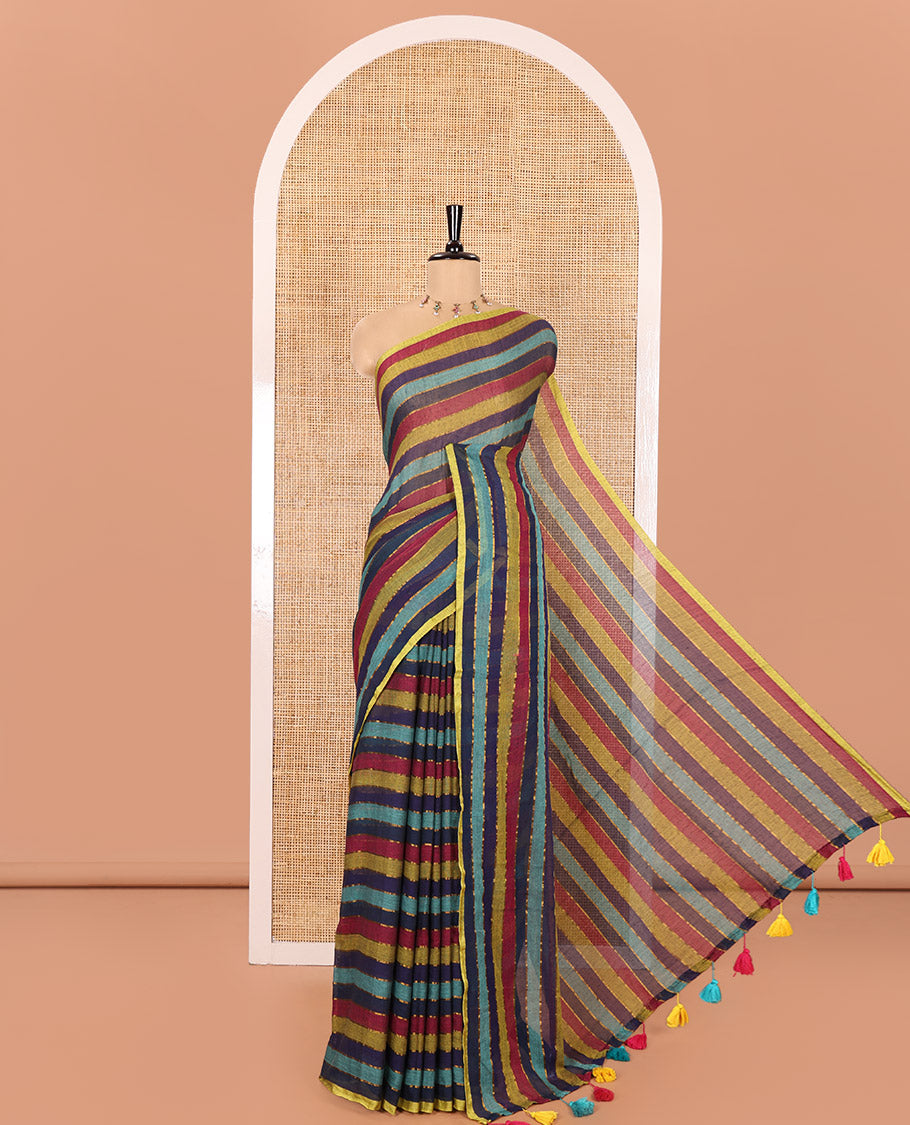 Borderless Multi-Color Khadi Mul Cotton Saree Adorned with Stripes All Over Its Body, Pallu Mirrors the Same Stripes, and Paired with a Matching Blouse