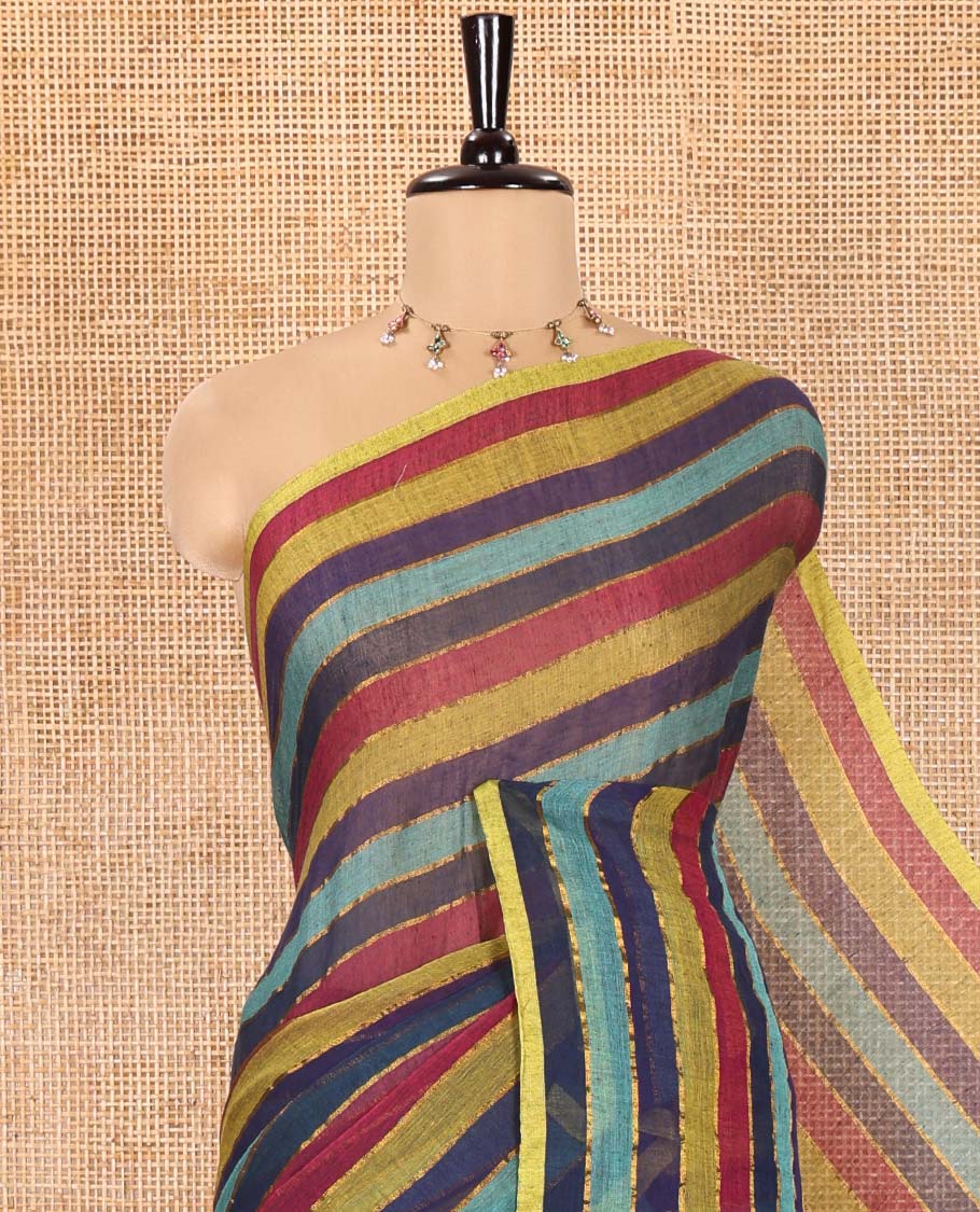 Borderless Multi-Color Khadi Mul Cotton Saree Adorned with Stripes All Over Its Body, Pallu Mirrors the Same Stripes, and Paired with a Matching Blouse