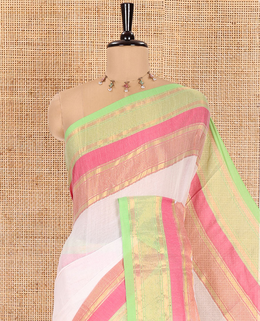 Cream Plain Khadi Mul Cotton Saree, Complemented by a Captivating Contrast Colorful Zari Border, Plain Pallu, and Paired with a Matching Blouse