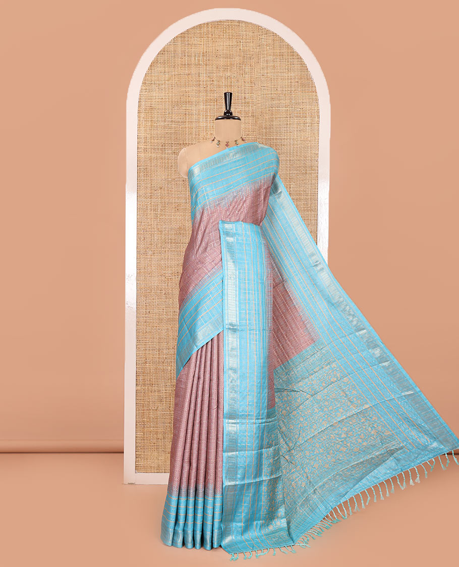 Pale Brown Manipuri Silk Saree, Subtly Sparkled with a Checked Design on Its Body, Complemented by a Contrast Zari Checked Border, Pallu Pictures Floral Jaal Designs, and Paired with a Contrast Blouse