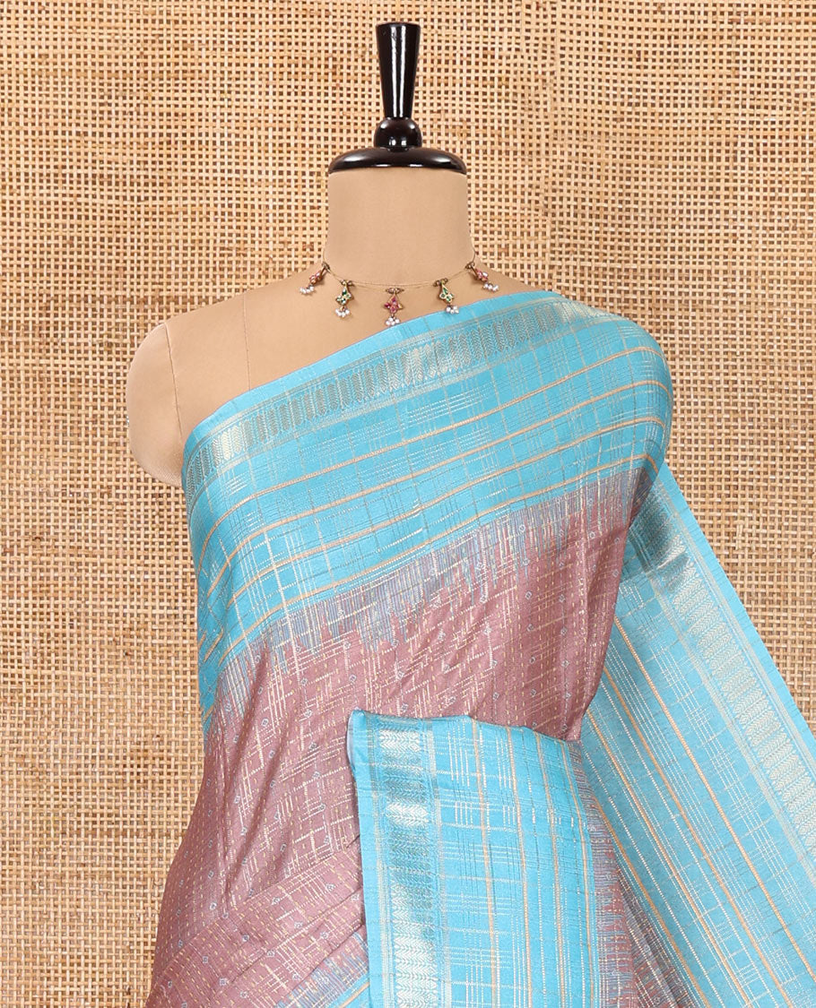 Pale Brown Manipuri Silk Saree, Subtly Sparkled with a Checked Design on Its Body, Complemented by a Contrast Zari Checked Border, Pallu Pictures Floral Jaal Designs, and Paired with a Contrast Blouse
