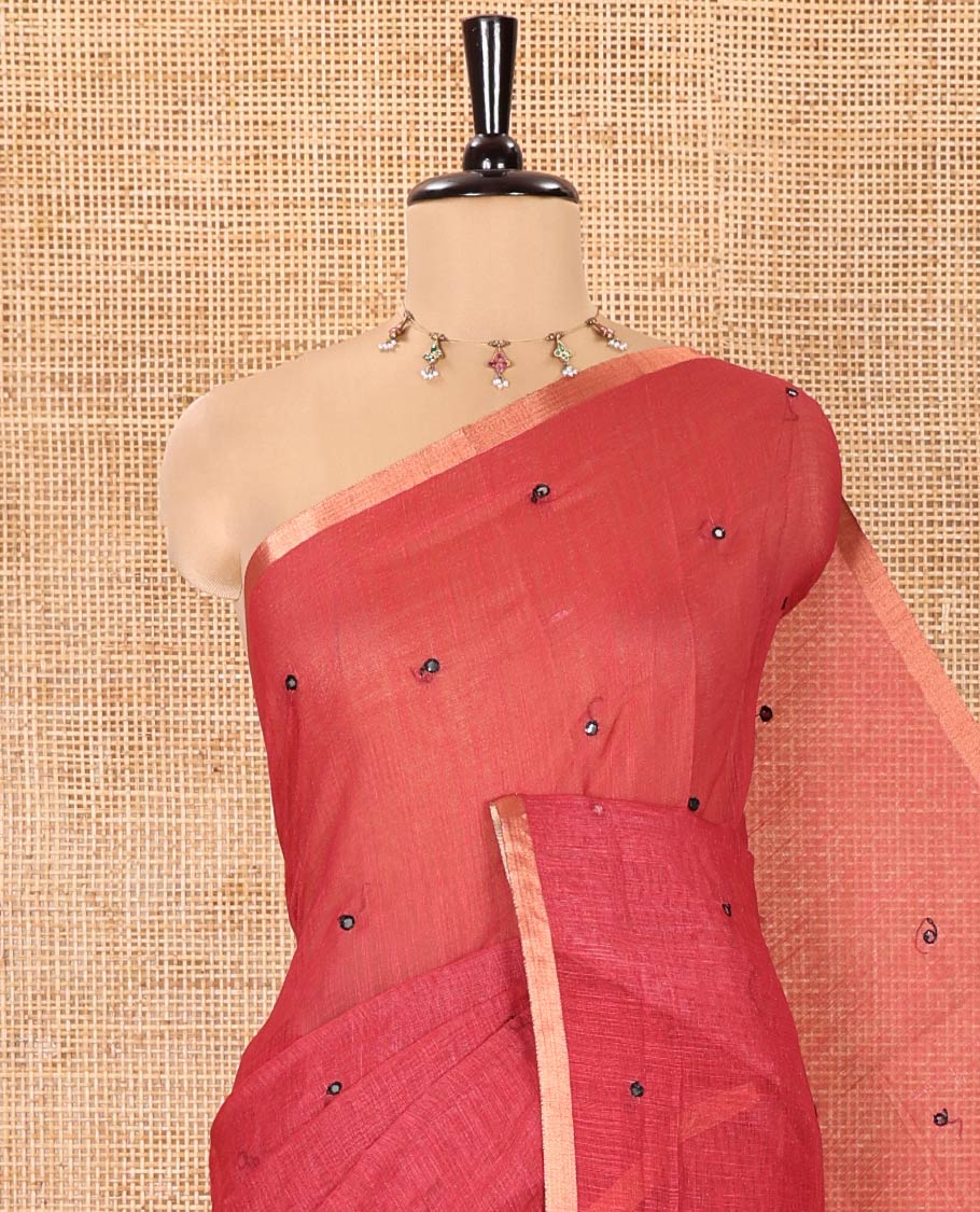 Red Linen Cotton Saree, Decked Up with Mirror Work Across Its Body, Subtly Piping Border, Contrast Pallu Steeped with Stripes, and Mirror Work, and Paired with a Contrast Vertical Stripes Printed Blouse