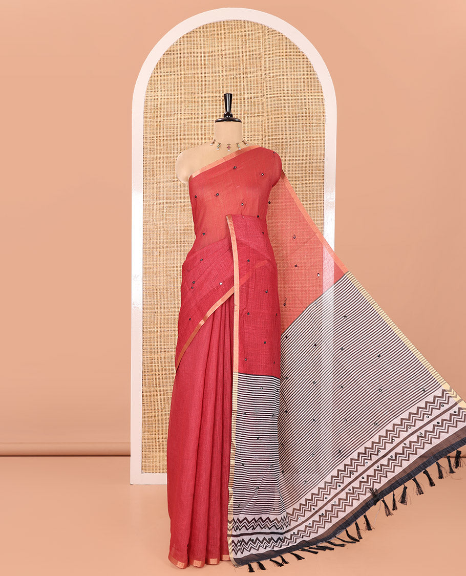 Red Linen Cotton Saree, Decked Up with Mirror Work Across Its Body, Subtly Piping Border, Contrast Pallu Steeped with Stripes, and Mirror Work, and Paired with a Contrast Vertical Stripes Printed Blouse