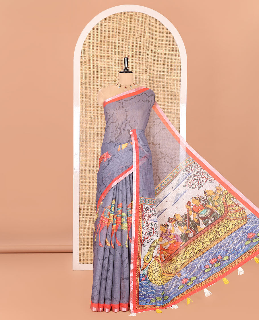 Grey Linen Cotton Saree, Bedecked with Batik Vines and Camel Motifs Printed on Its Body, Complemented by a Contrast Piping Border, Pallu of God and Goddess Figurines, and Paired with a Contrast Blouse