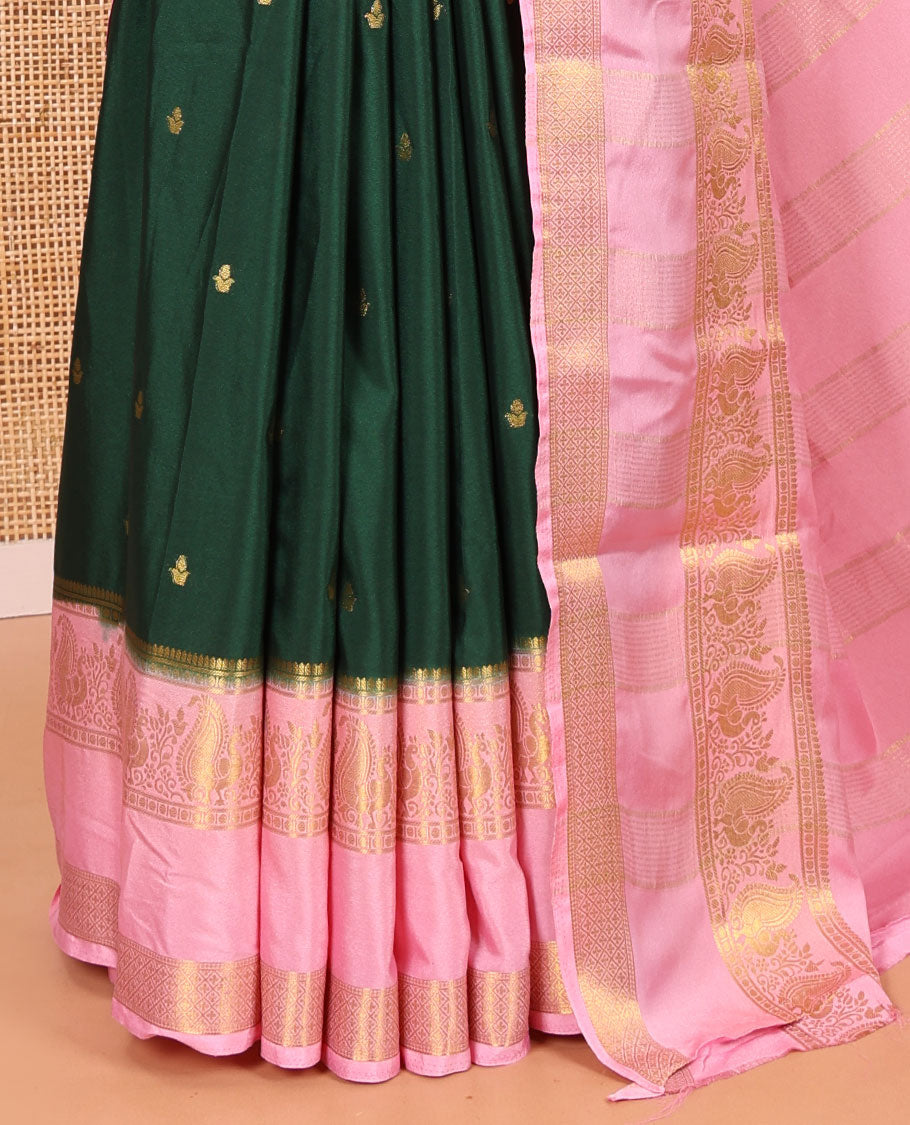 Green Art Mysore Silk Saree, Enriched with Zari Buttas All Over Its Body, Complemented by a Contrast Traditional Zari Rettai Pettu Border of Peacock and Jaal Designs, Subtly Zari Striped Pallu, and Paired with a Contrast Blouse