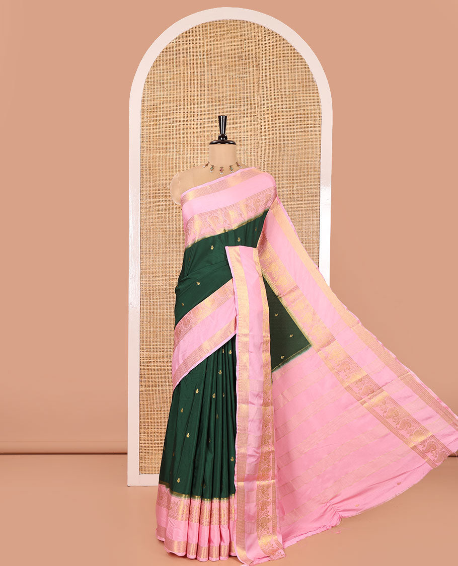 Green Art Mysore Silk Saree, Enriched with Zari Buttas All Over Its Body, Complemented by a Contrast Traditional Zari Rettai Pettu Border of Peacock and Jaal Designs, Subtly Zari Striped Pallu, and Paired with a Contrast Blouse