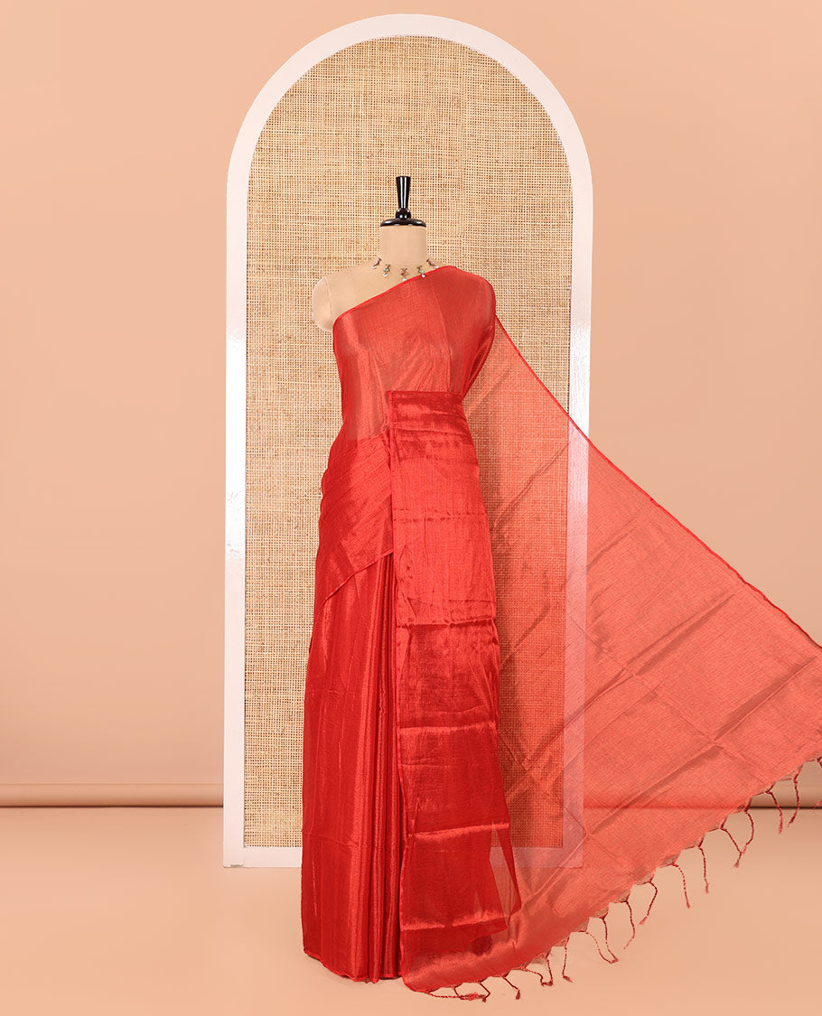 Borderless Red Plain Khadi Tissue Saree, a Self-Pallu, and Paired with a Matching Blouse