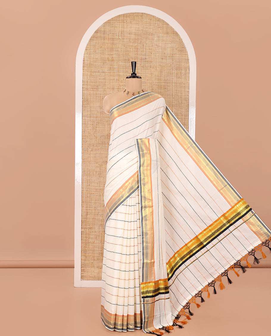 Half-White Kerala Cotton Saree, Subtly Sparkled with Dotted Stripes on Its Body, Complemented by a Contrast Border, Pallu of Subtle Stripes, and Paired with a Matching Blouse