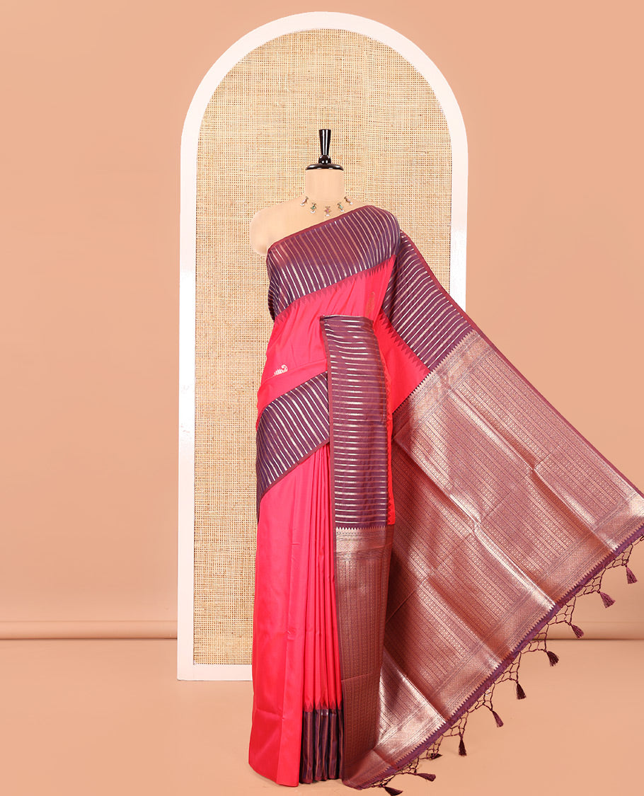 Pink Elite Soft Silk Saree, Spotlighted by Zari Buttas All Over Its Body, Complemented by Contrast Border Steeped with Geometric Patterns, Grand Pallu, and Paired with a Contrast Blouse