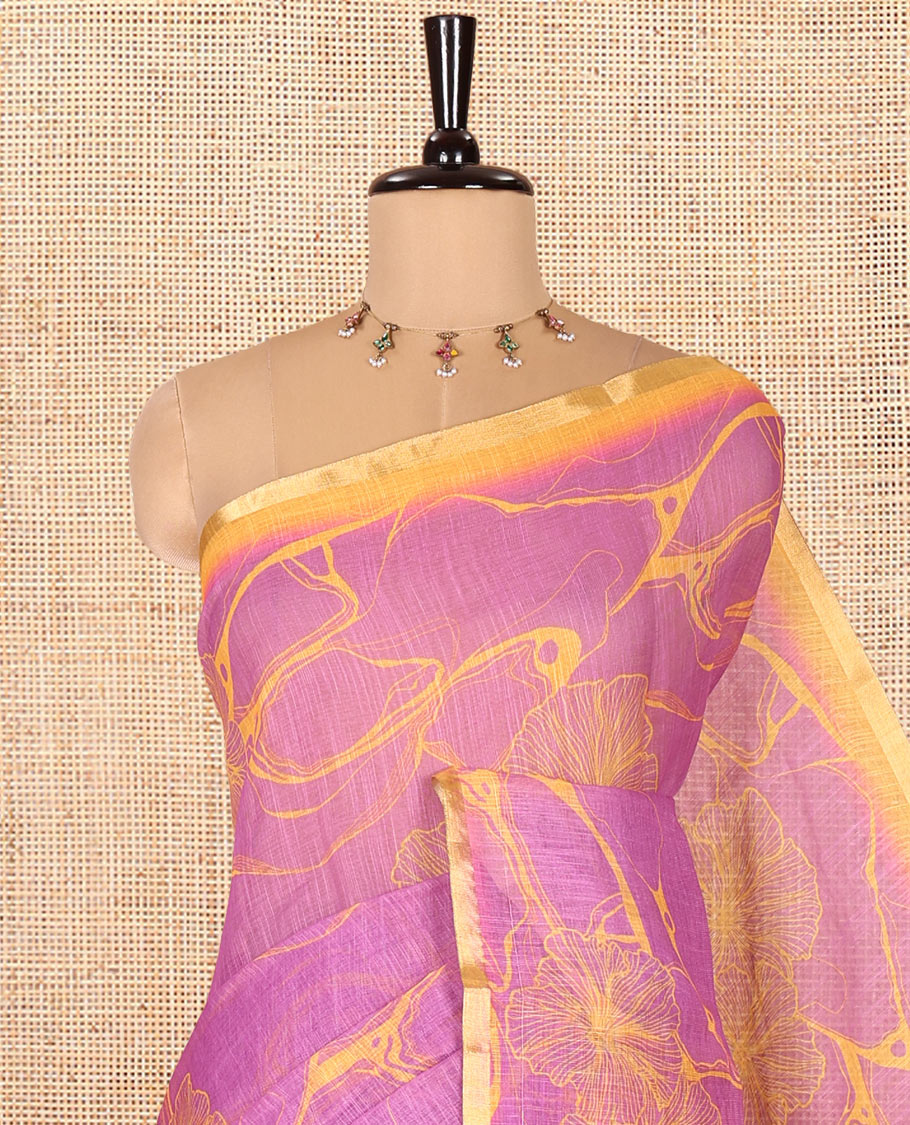 Violet Linen Cotton Saree, Decorated with Abstract Floral Print On Its Body, Subtle Piping Border, Pallu of Floral and Geometric Print, and Paired with a Contrast Blouse