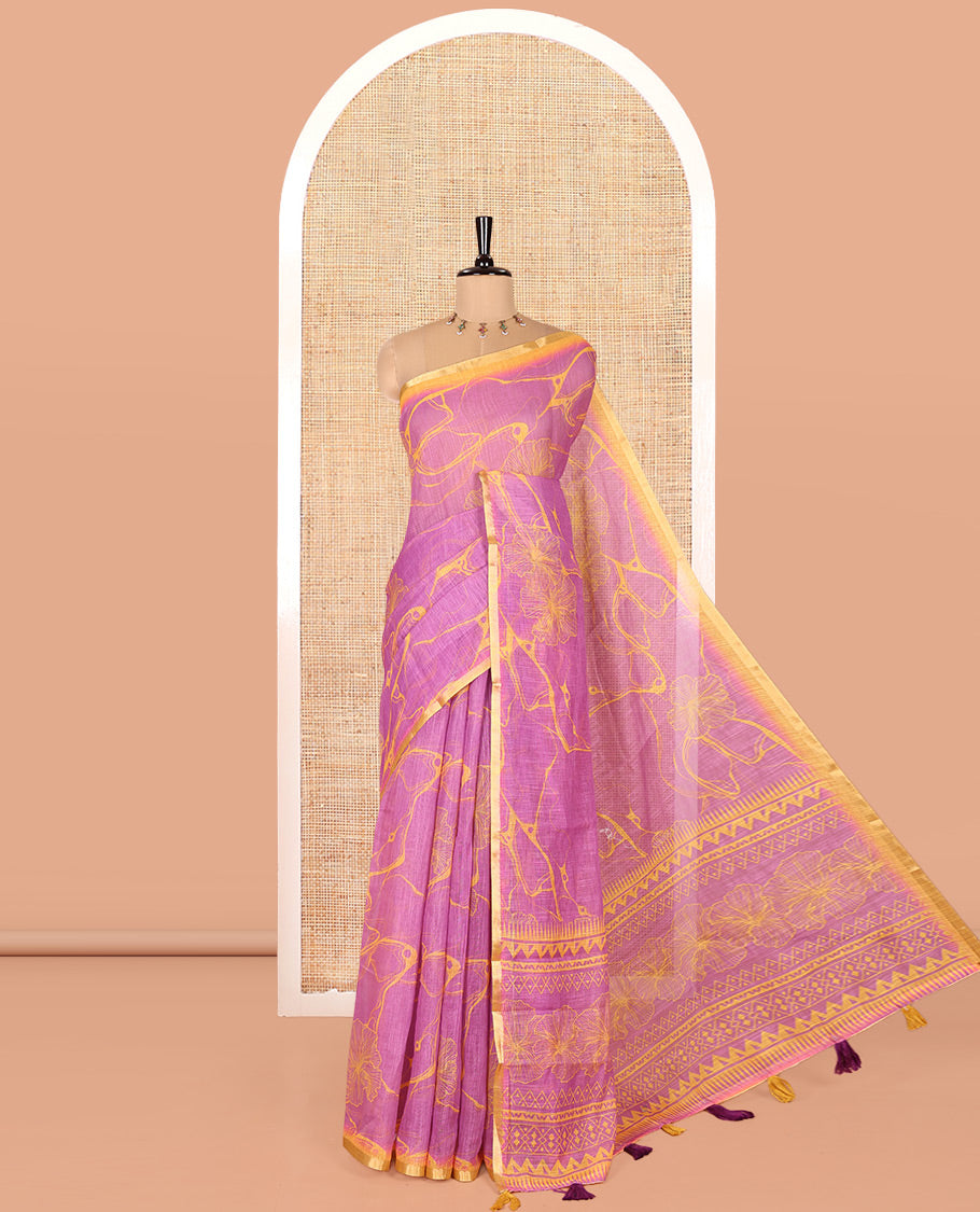 Violet Linen Cotton Saree, Decorated with Abstract Floral Print On Its Body, Subtle Piping Border, Pallu of Floral and Geometric Print, and Paired with a Contrast Blouse