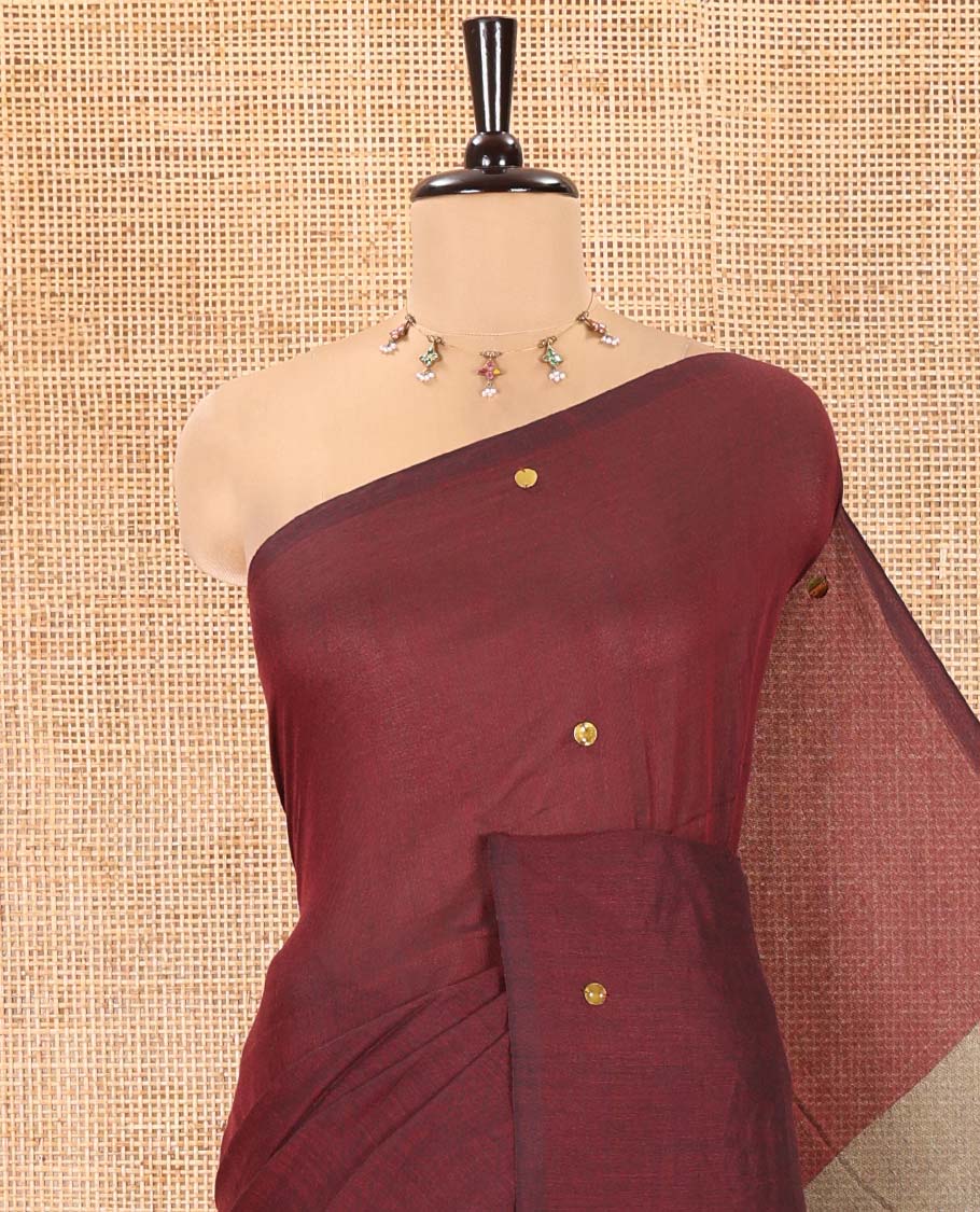 Borderless Maroon Khadi Mul Cotton Saree, Adorned with Sequins Work All Over Its Body, Complemented by Contrast Pallu of Sequins Work and Paired with a Contrast Blouse