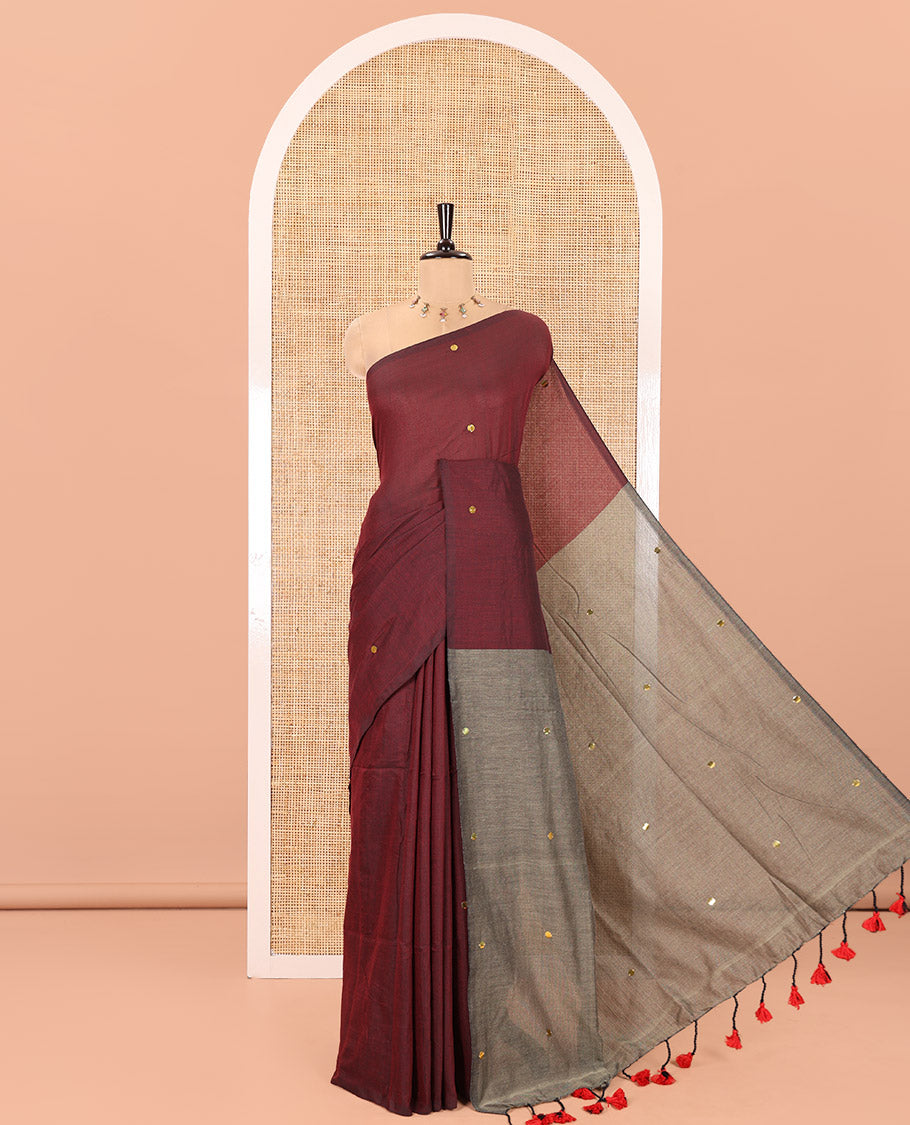 Borderless Maroon Khadi Mul Cotton Saree, Adorned with Sequins Work All Over Its Body, Complemented by Contrast Pallu of Sequins Work and Paired with a Contrast Blouse