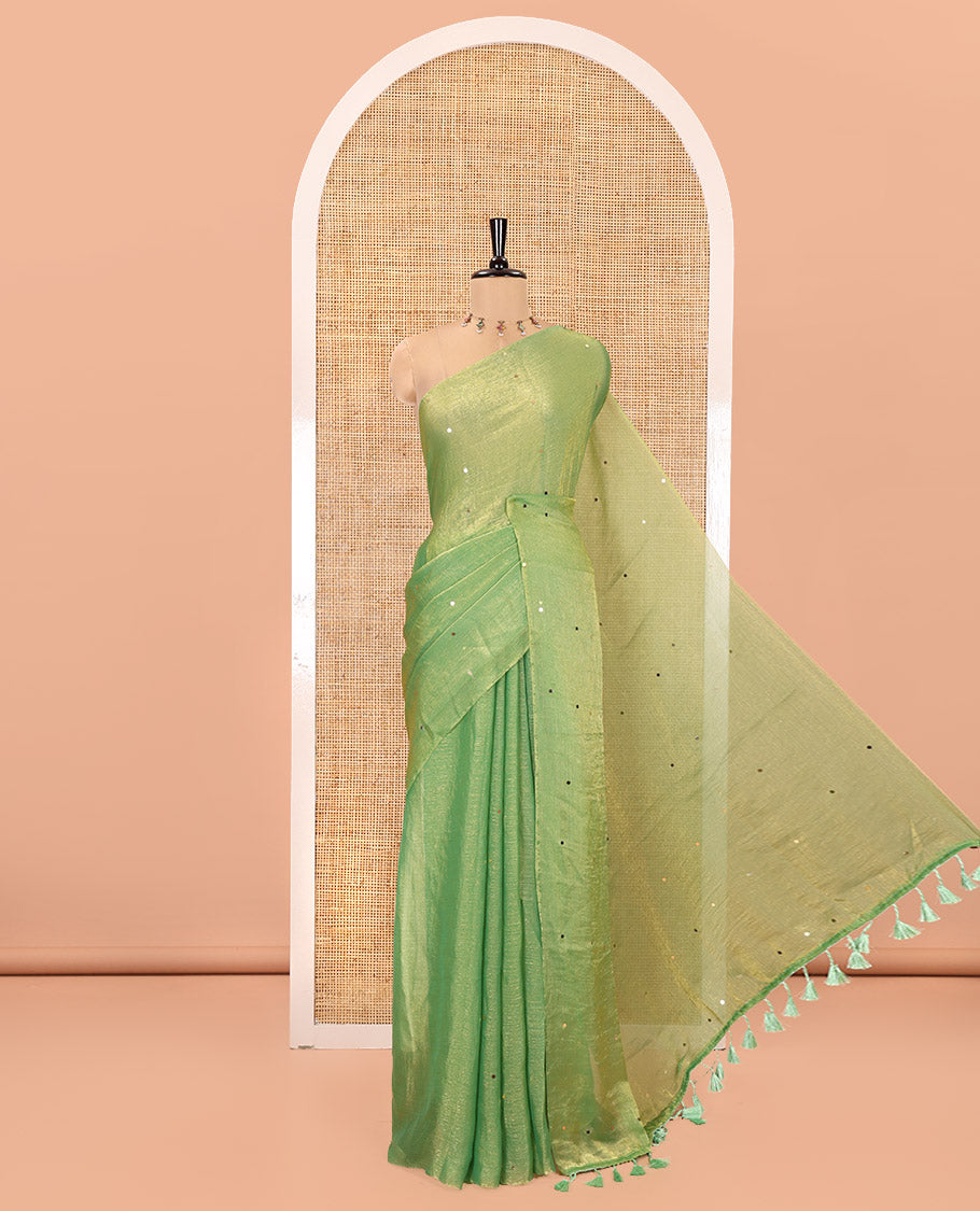 Borderless Lime Green Fendy Chiffon Saree, Gleamed Up with Sequin Work on Its Body, Highlighted by a Self-Pallu of Sequin Work, and Paired with a Matching Blouse