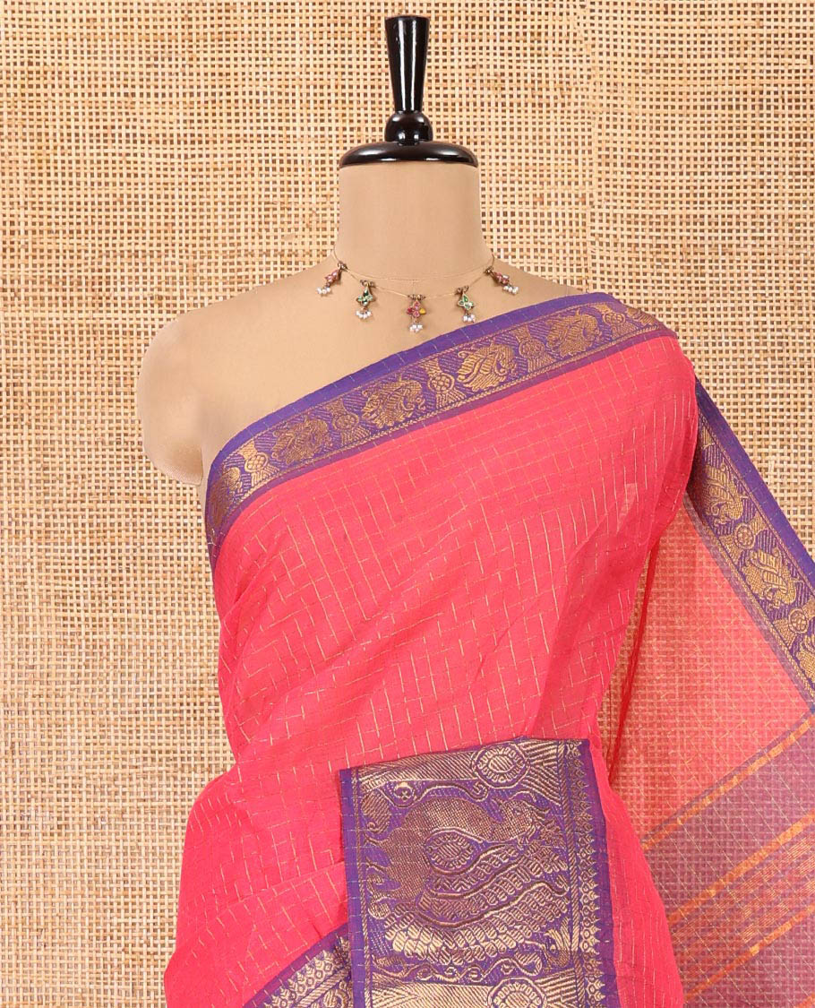 Pink Chettinad Cotton Saree, Gleamed Up Checked Design All Over Its Body, Complemented by a Contrast Traditional Zari Border of Peacock Designs, Zari-Striped Pallu, and Has No Blouse