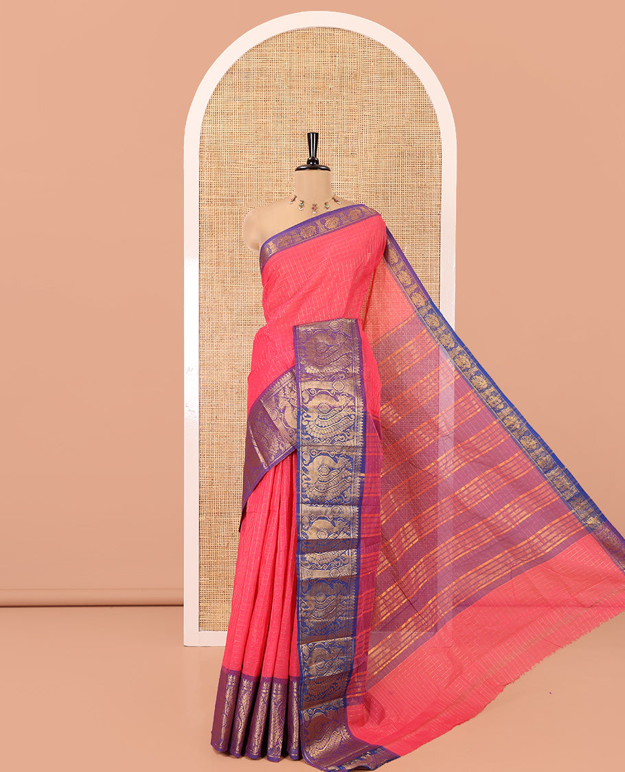 Pink Chettinad Cotton Saree, Gleamed Up Checked Design All Over Its Body, Complemented by a Contrast Traditional Zari Border of Peacock Designs, Zari-Striped Pallu, and Has No Blouse