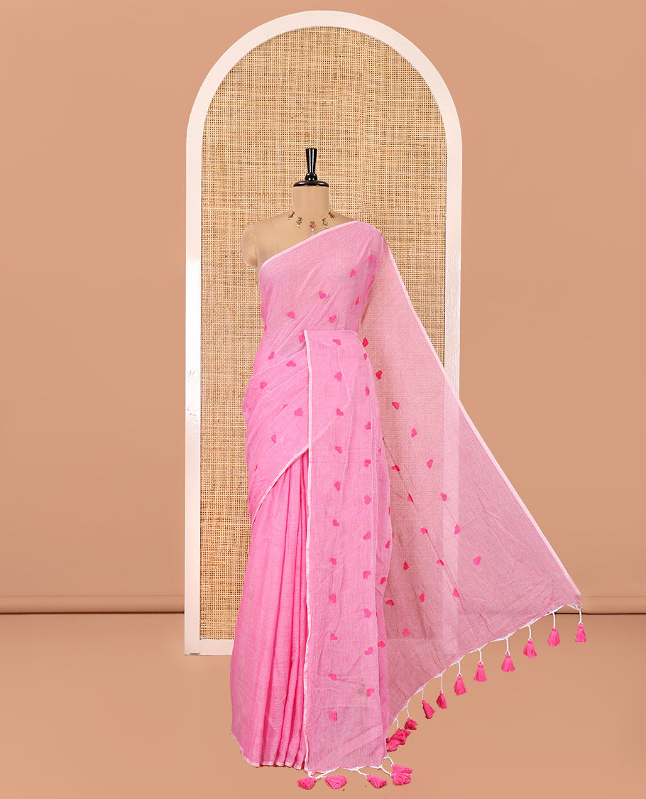 Borderless Dusky Pink Khadi Mul Cotton Saree, Delicately Woven with Heart Motifs Embroidered All Over Its Body, a Self-Pallu, and Matching Blouse