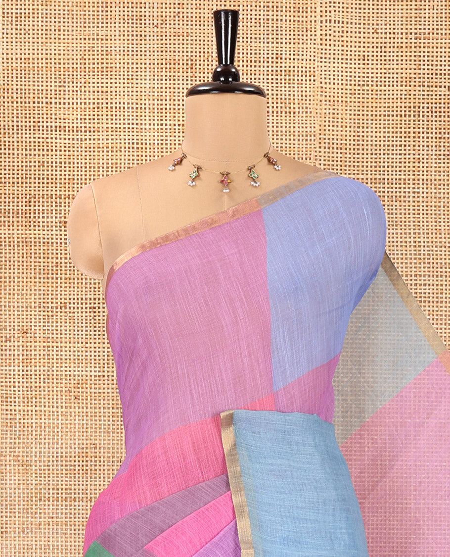 Borderless Magenta Linen Cotton Saree, Bedecked with Macro-Checked Design on Its Body, a Self-Pallu, and Paired with a Contrast-Printed Blouse