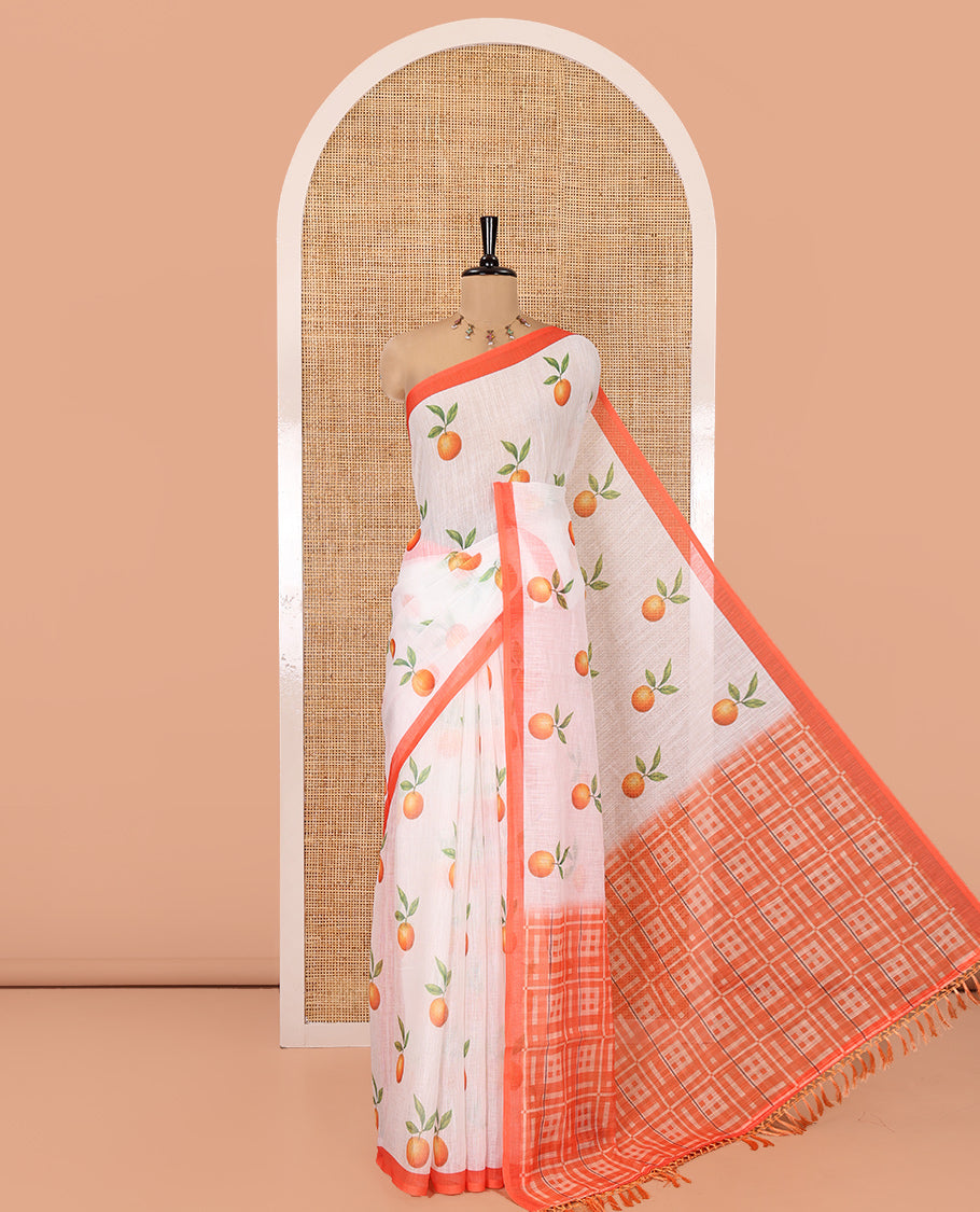 White Linen Cotton Saree, Artfully Printed with Orange Motifs All Over Its Body, Complemented by a Contrast Border, Geometric-Printed Pallu, and Paired with a Contrast Blouse