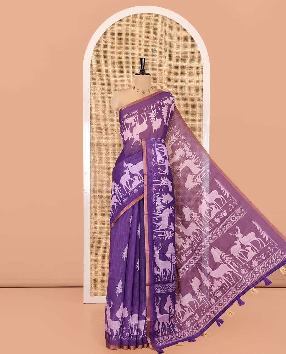 Violet Christmas-Themed Linen Cotton Saree, Accentuated with Christmas Tree Motifs Printed on Its Body, a Subtle Piping Border, Pallu of Christmas-Themed Print, and Paired with a Contrast Floral Printed Blouse