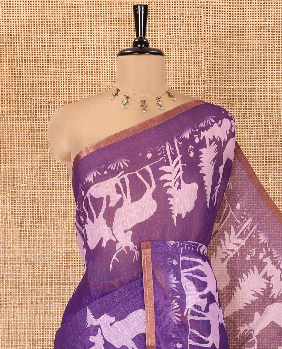 Violet Christmas-Themed Linen Cotton Saree, Accentuated with Christmas Tree Motifs Printed on Its Body, a Subtle Piping Border, Pallu of Christmas-Themed Print, and Paired with a Contrast Floral Printed Blouse