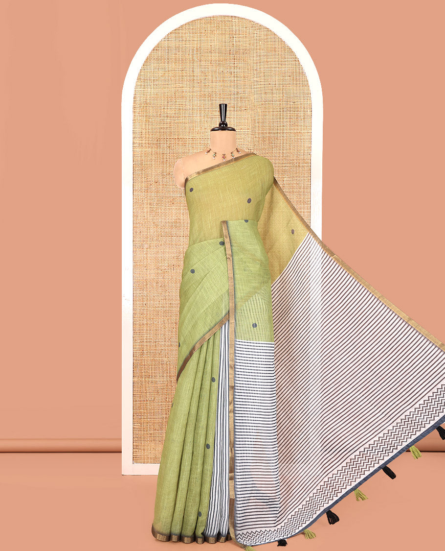 Olive Green Linen Cotton Saree, Adorned with Half-And-Half-Style Polka Dots, a Subtle Piping Border, Contrast Vertically Striped Pallu, and a Contrast Blouse
