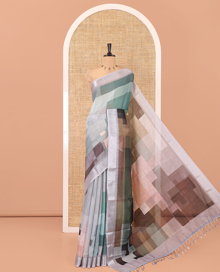 Green Linen Cotton Saree, Highlighted by Geometric-Style Checked Design on Its Body, a Subtle Bavanji Border, Geometric Printed Pallu, and Paired with a Matching Blouse