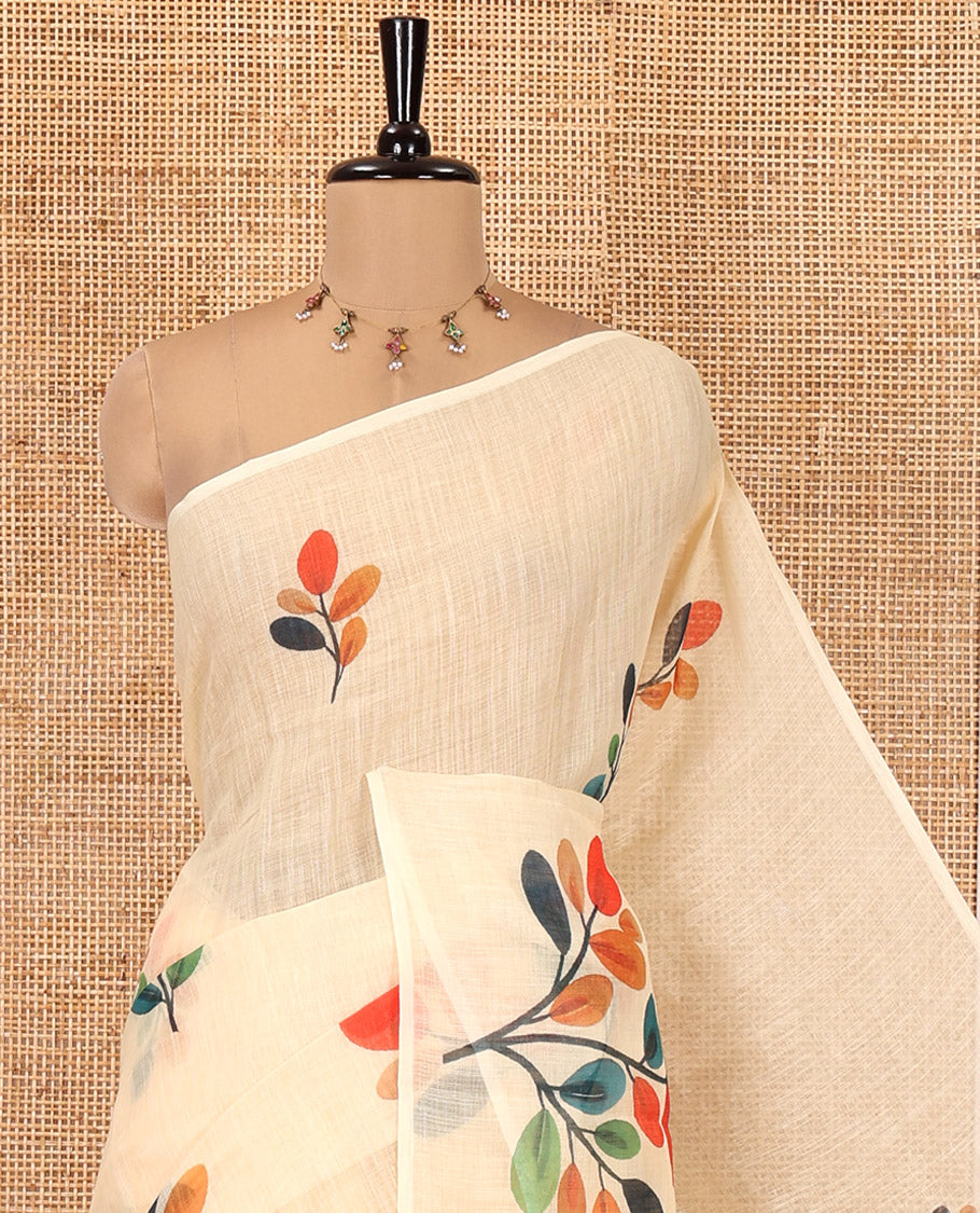 Borderless Sandal Linen Cotton Saree, Elevated with Multi-Color Leaf Buttas, a Self-Pallu, and a Matching Blouse