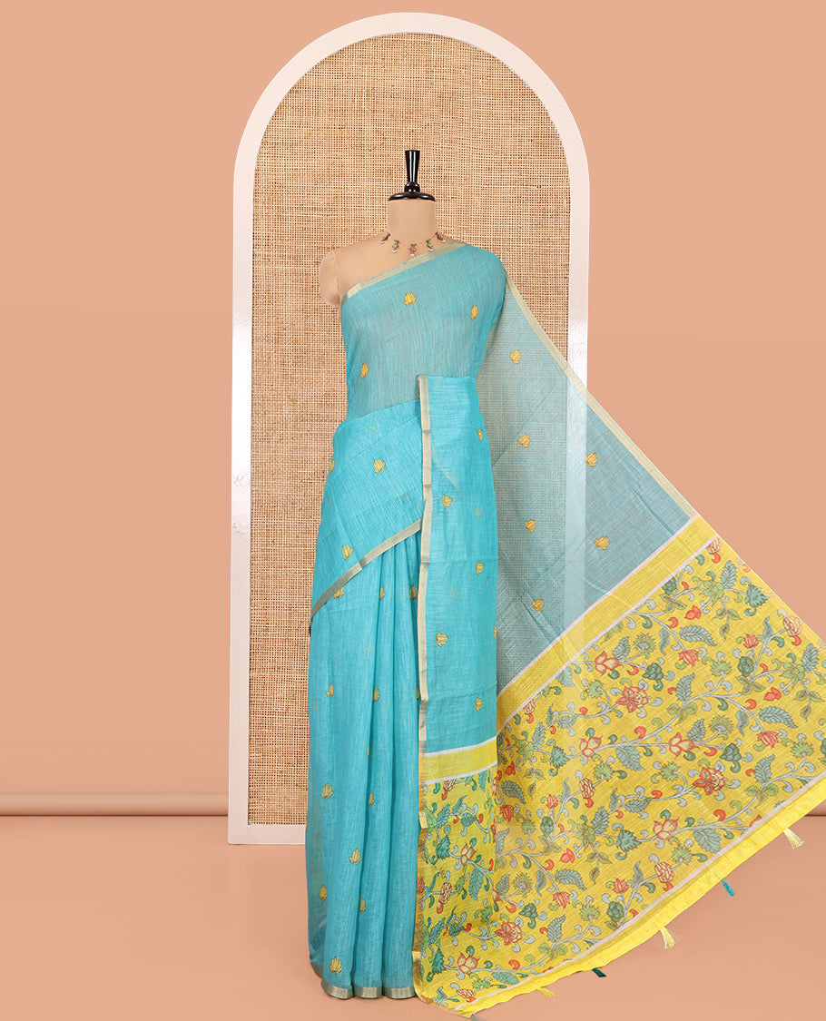Blue Linen Cotton Saree, Beautified with Lotus Motifs Print, a Piping Border, Contrast Floral Vine Pallu, and a Contrast Blouse