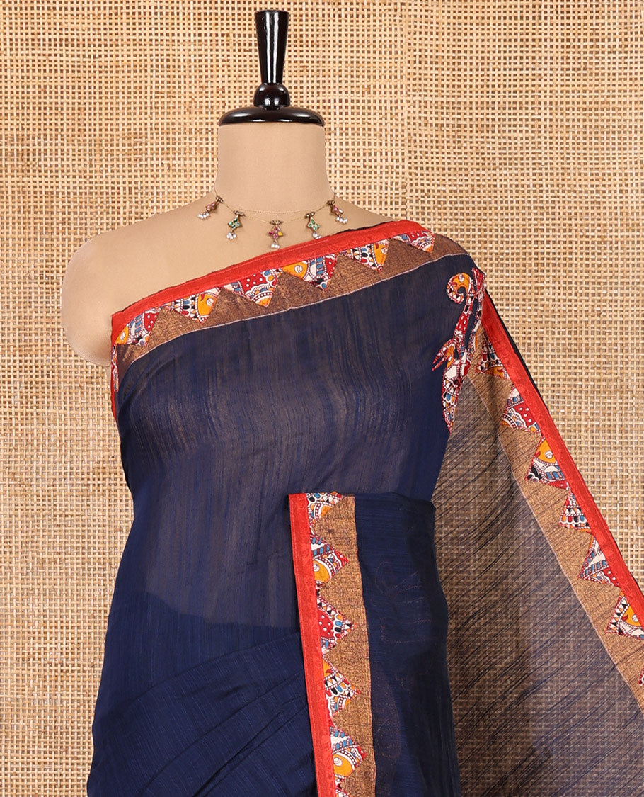 Navy Blue Khadi Linen Saree, Artfully Crafted with Elephant Appliqué Work, Contrast Temple Appliqué Border and a Plain Blouse