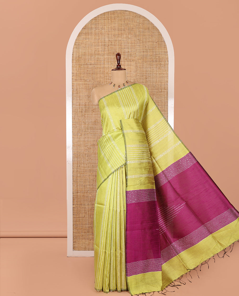 Borderless Green-Magenta Semi-Raw Silk Saree, Decorated with Sequined Stripes, a Contrast Zari Striped Pallu, and Contrast Blouse
