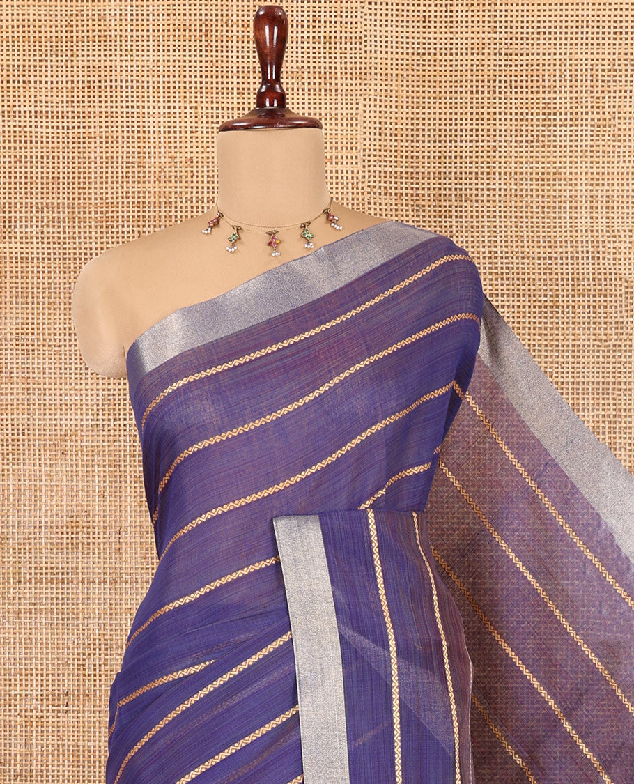 Navy Blue Semi-Silk Cotton Saree, Accentuated with Veldhari Stripes, Gold Zari Border, Contrast Striped Pallu and a Contrast Blouse