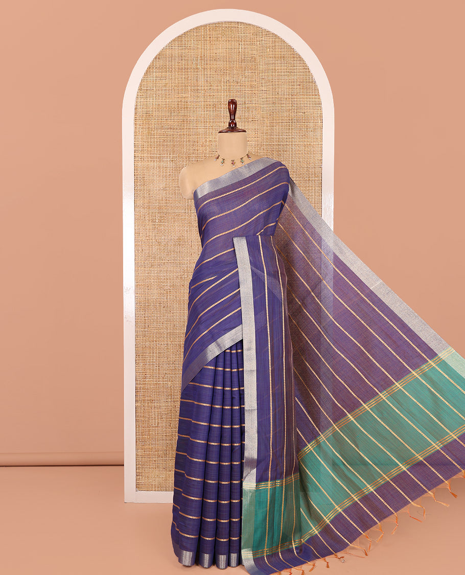 Navy Blue Semi-Silk Cotton Saree, Accentuated with Veldhari Stripes, Gold Zari Border, Contrast Striped Pallu and a Contrast Blouse