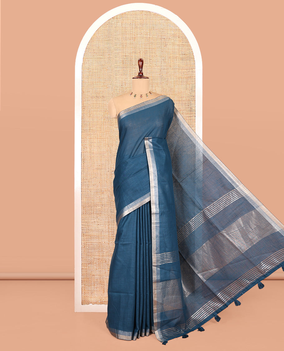 Blue Plain Linen Cotton Saree, a Subtle Zari Border, a Self-Pallu, and Matching Blouse