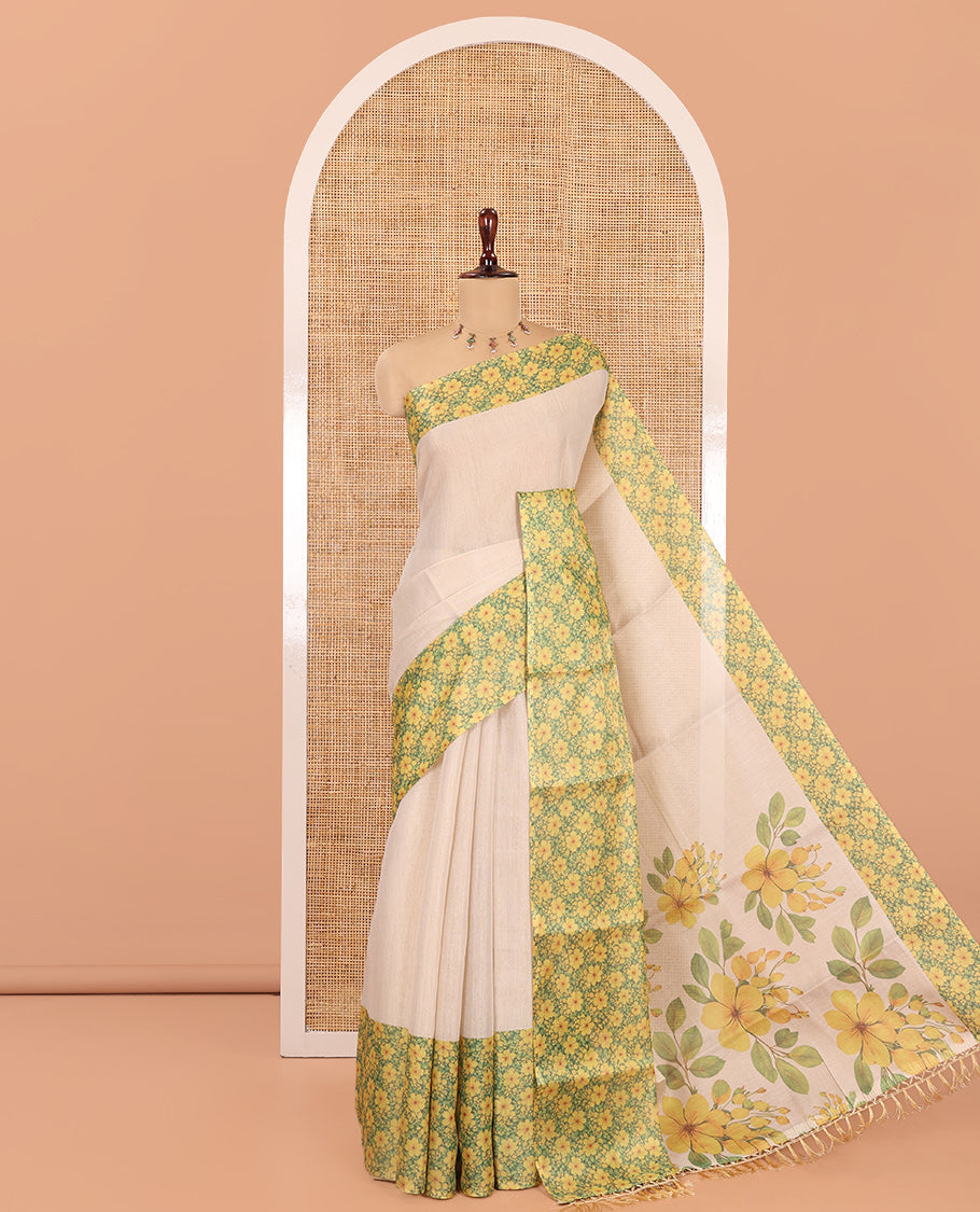 Gold Plain Tissue Saree, Complemented by a Contrast Floral Motif-Printed Border, Floral Printed-Pallu, and a Contrast Blouse