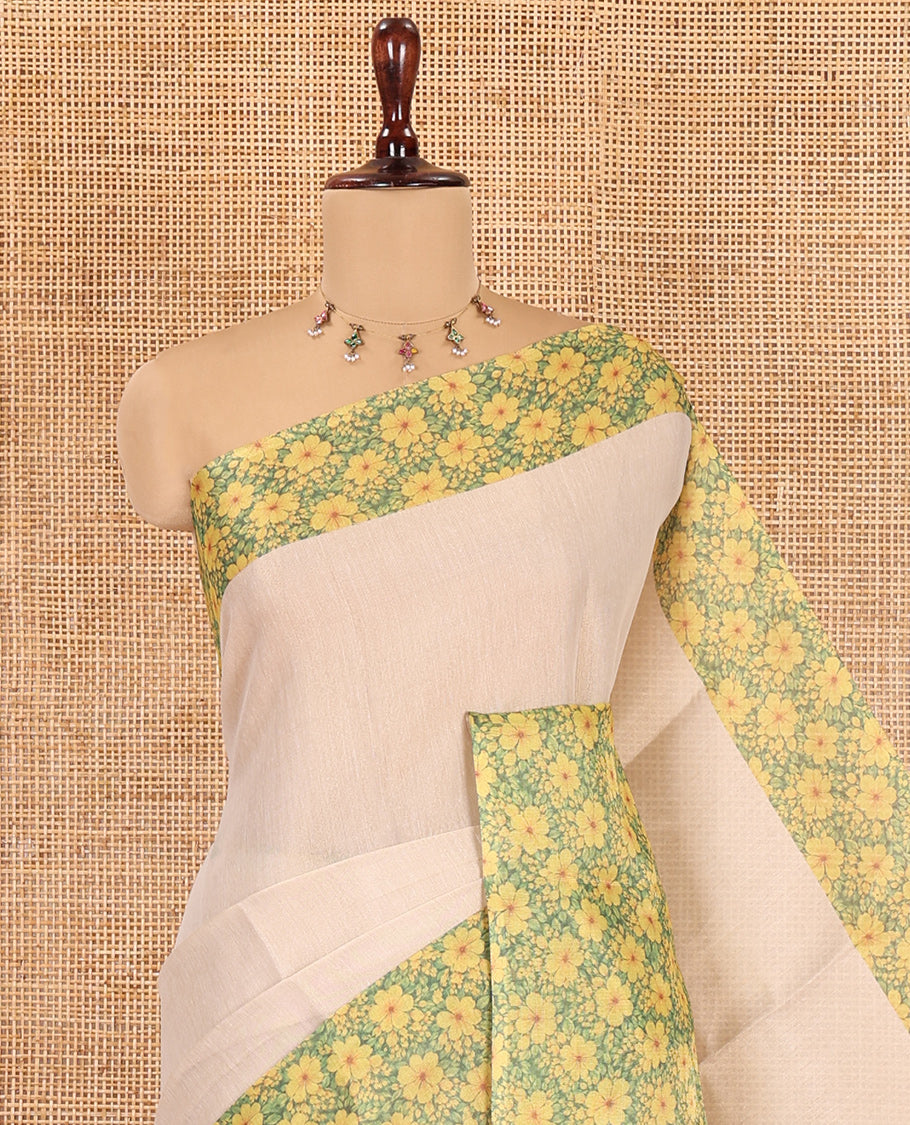 Gold Plain Tissue Saree, Complemented by a Contrast Floral Motif-Printed Border, Floral Printed-Pallu, and a Contrast Blouse