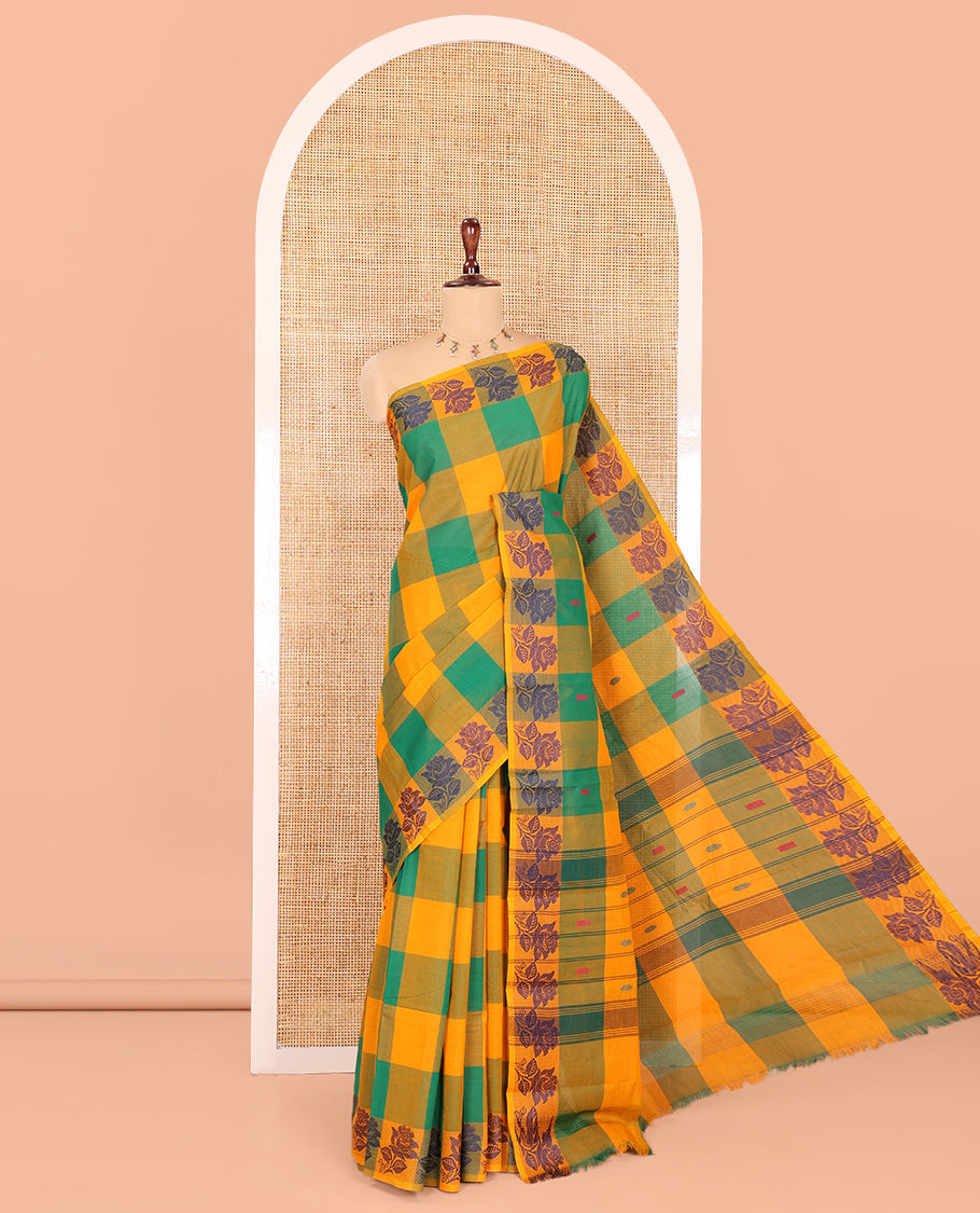 Orange-Green Checked Chettinad Cotton Saree, Subtly Sparkled with Buttas, a Rose Thread Border, Striped Pallu, and No Blouse