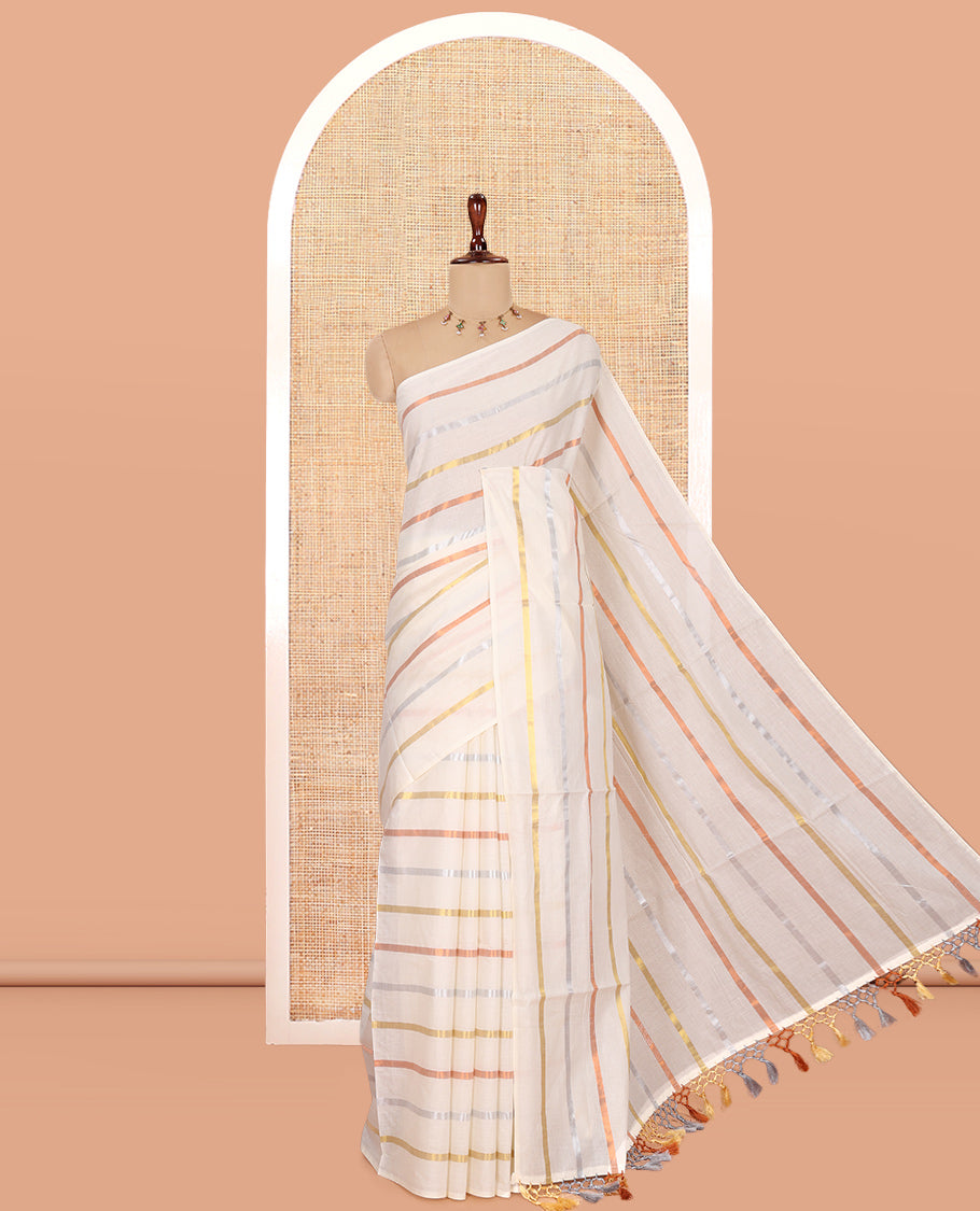 Borderless Off-White Kerala Cotton Saree Features Gold-Copper-Silver Zari Stripes, and a Matching Blouse