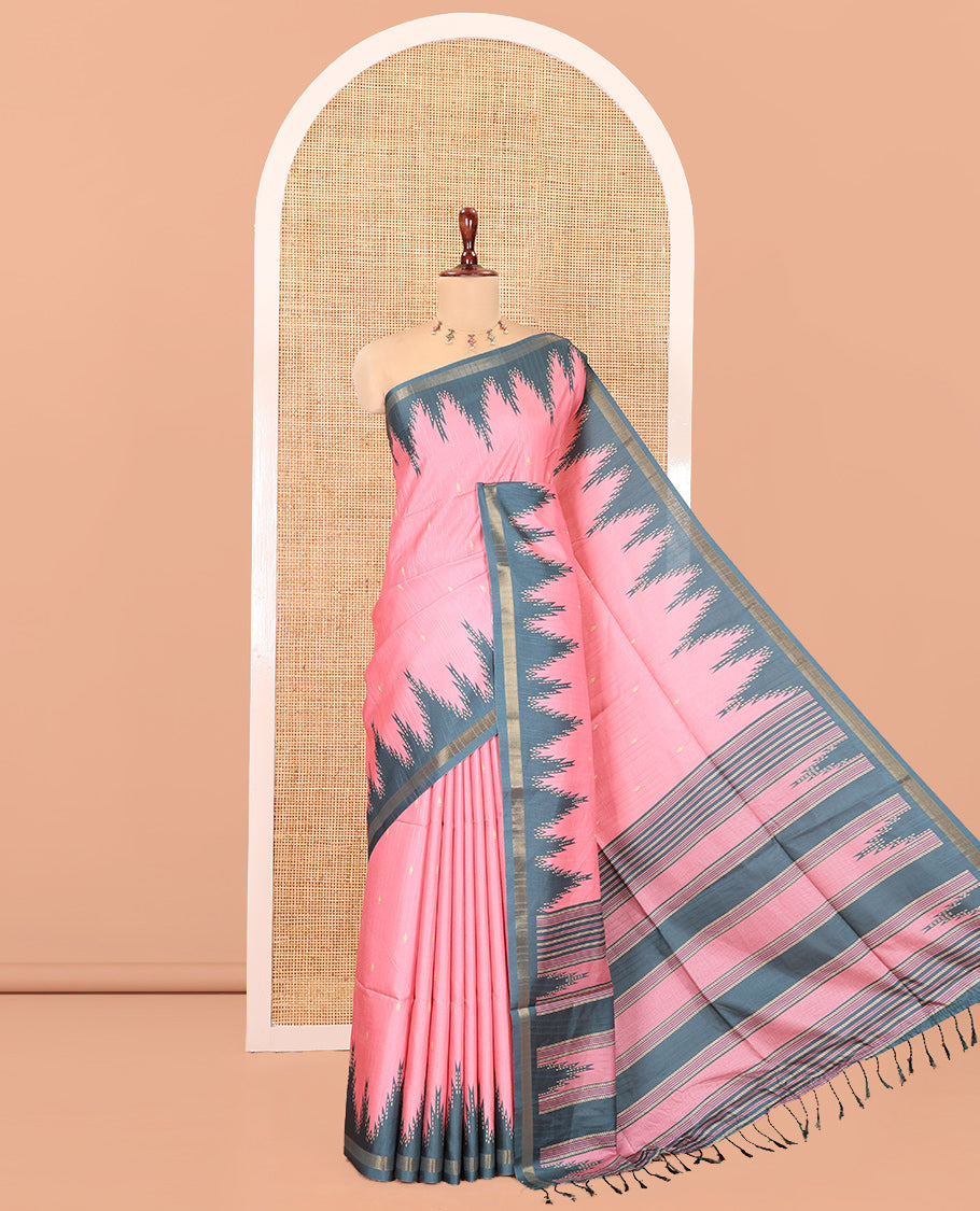 Baby Pink Katan Silk Saree Features Buttas, Complemented by Contrast Temple Zari Border, Striped Pallu, and a Contrast Blouse