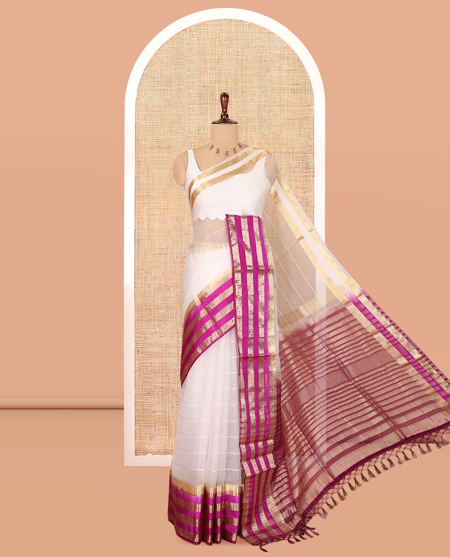Off-White-Violet Horizontal Striped Semi-Organza Saree, a Contrast Traditional Zari Border, Striped Pallu, and a Contrast Blouse