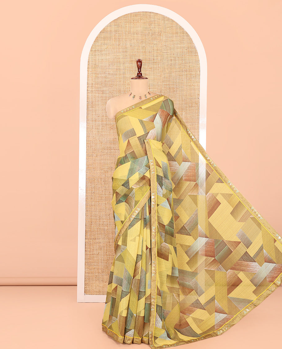 Mehendi Chiffon Saree, Adorned with Geometric Print, Lace Embroidery Border, and Matching Blouse
