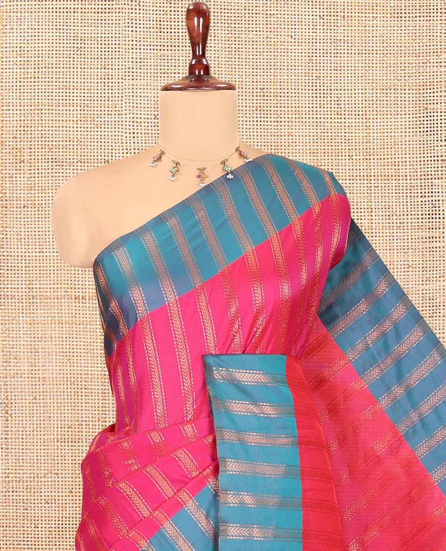 Rani Pink Semi-Soft Silk Saree, Elevated with Chevron Stripes, Complemented by a Contrast Zari Striped Border, and a Contrast Blouse