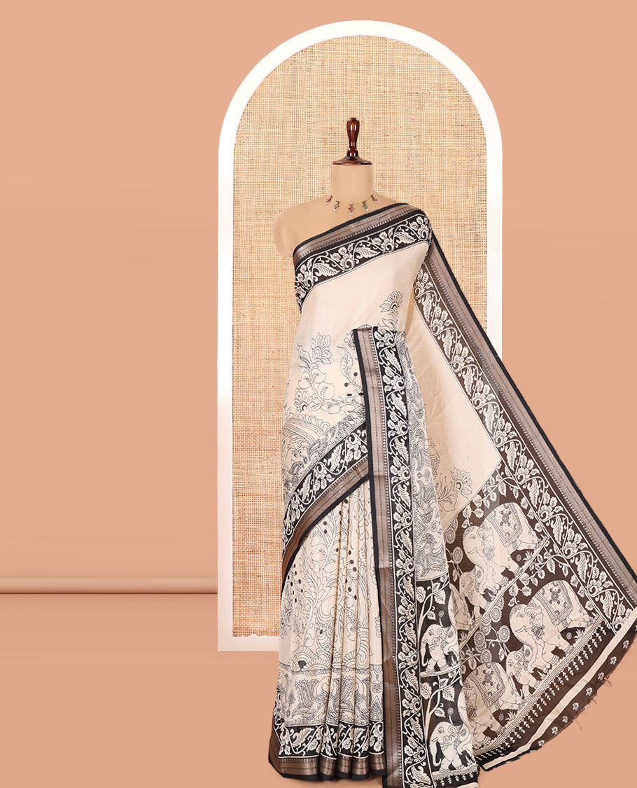 Cream-Black Kalamkari Printed Moss Chiffon Saree, a Contrast Border, a Contrast Blouse