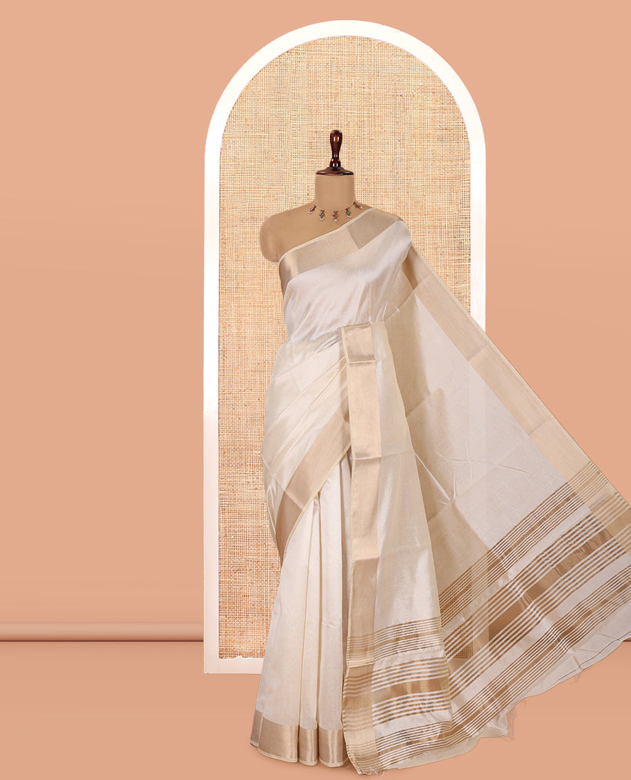 Cream Plain Semi-Tussar Saree, a Zari Border, a Self-Pallu, and a Matching Blouse