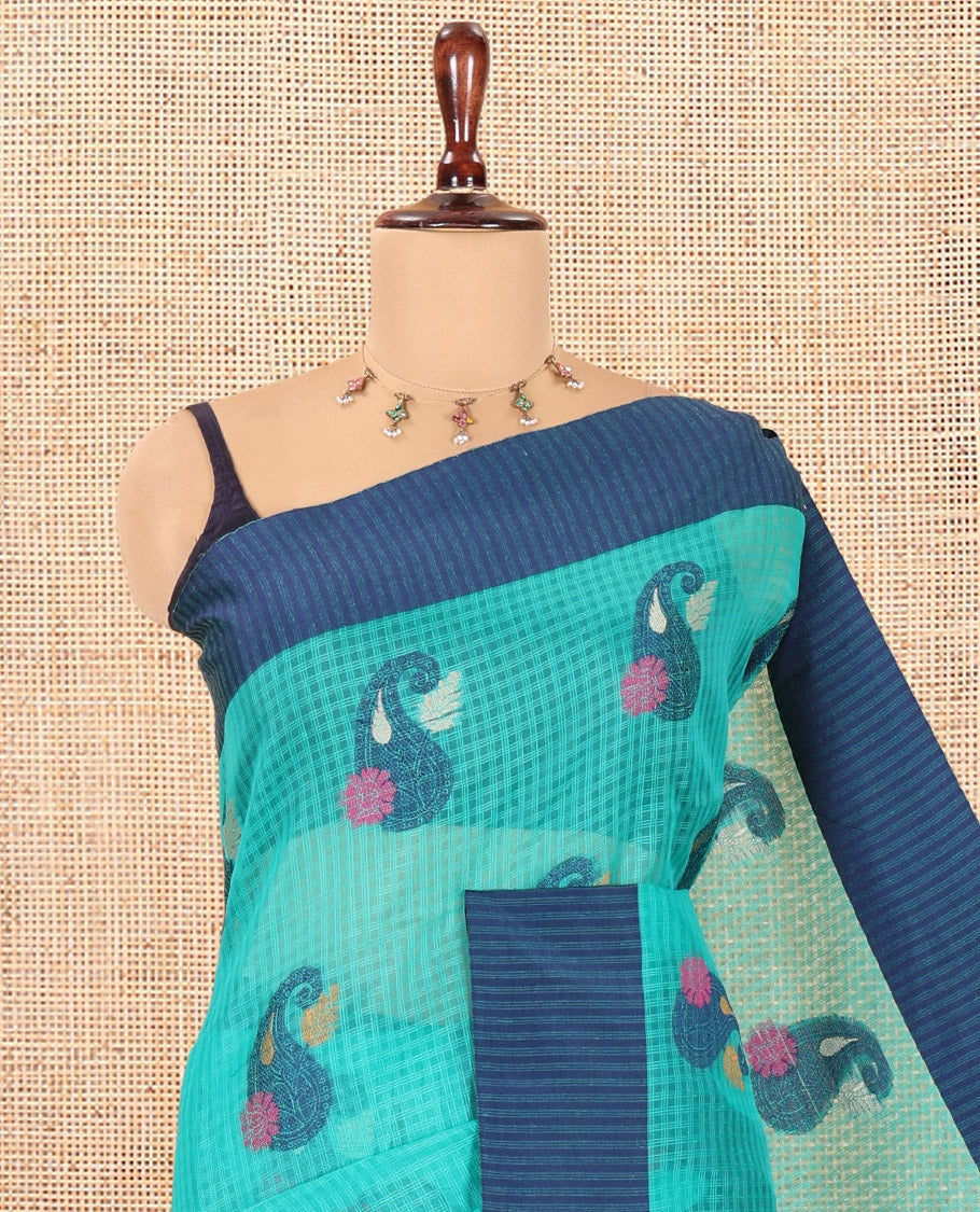 Rama Green Kota Chex Saree Features Floral-Triangle Thread Weave, a Contrast Border, and a Matching Blouse